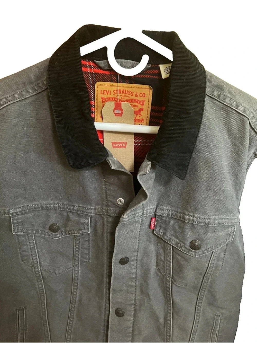 Levi’s NWT Flannel Lined Canvas Trucker Jacket M Grey Corduroy Collar 72890-001